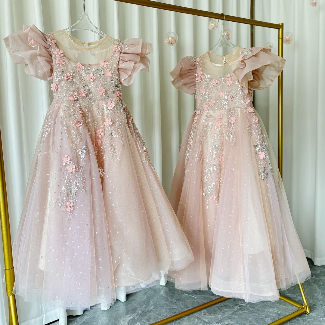 DreamyVow Luxury Pink Dubai Girl Dress 3D Flowers Pearls Arabic Princess Kids Wedding Birthday Party Long Ball Gown 2024 J384