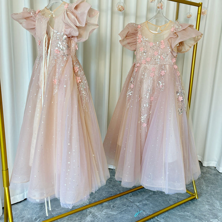 DreamyVow Luxury Pink Dubai Girl Dress 3D Flowers Pearls Arabic Princess Kids Wedding Birthday Party Long Ball Gown 2024 J384