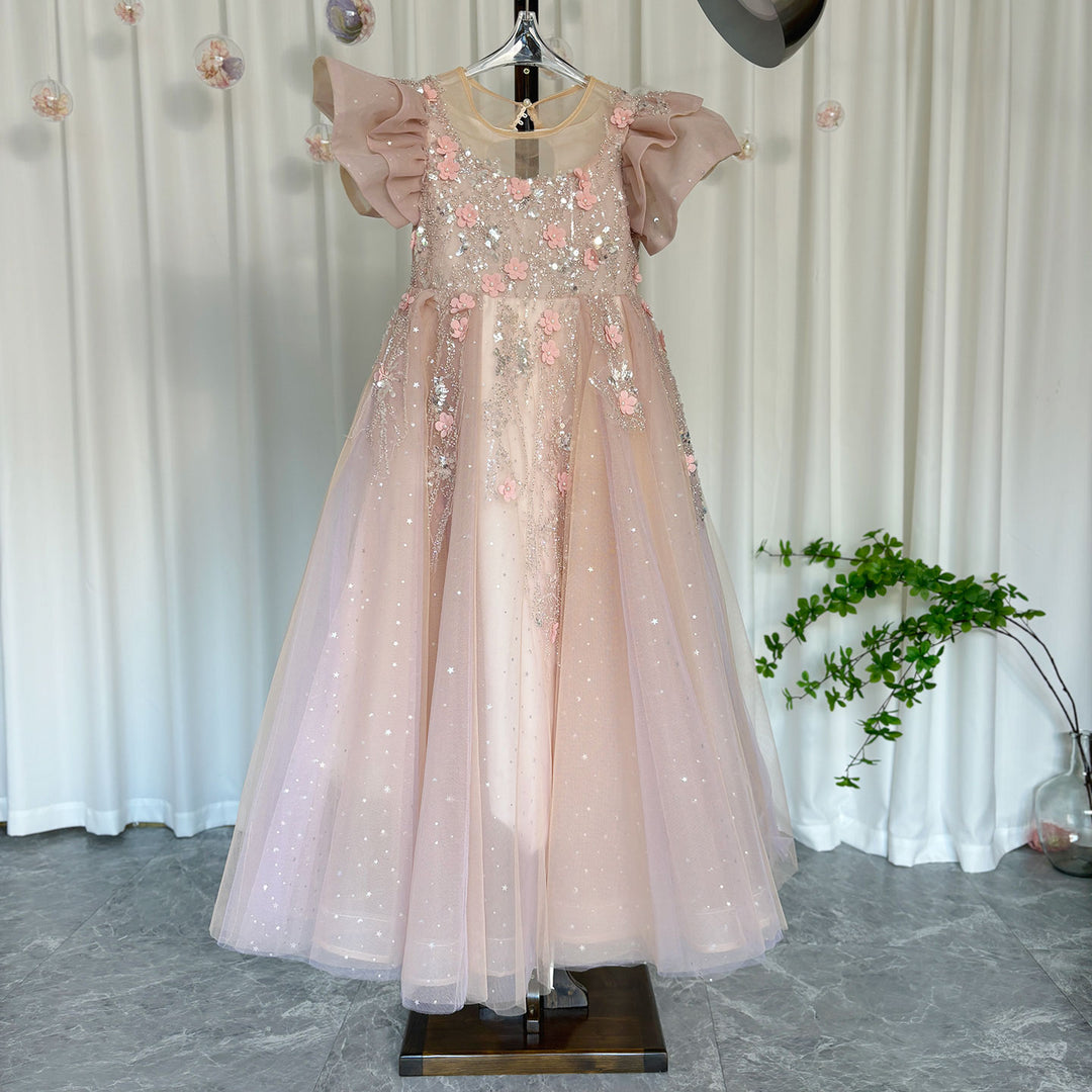 DreamyVow Luxury Pink Dubai Girl Dress 3D Flowers Pearls Arabic Princess Kids Wedding Birthday Party Long Ball Gown 2024 J384