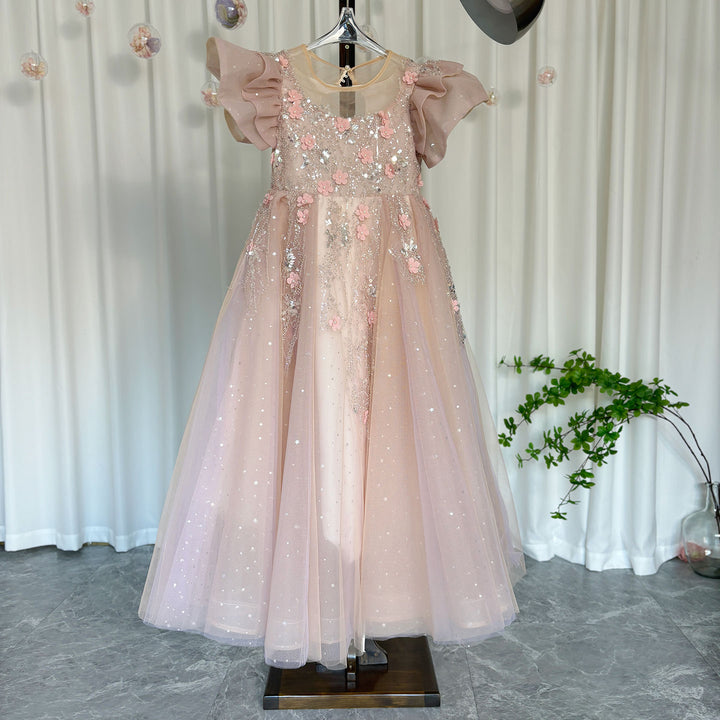 DreamyVow Luxury Pink Dubai Girl Dress 3D Flowers Pearls Arabic Princess Kids Wedding Birthday Party Long Ball Gown 2024 J384