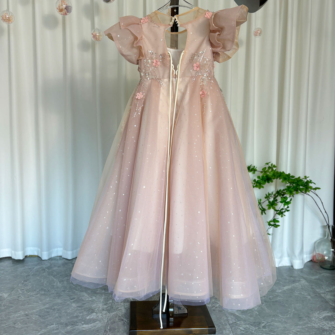 DreamyVow Luxury Pink Dubai Girl Dress 3D Flowers Pearls Arabic Princess Kids Wedding Birthday Party Long Ball Gown 2024 J384