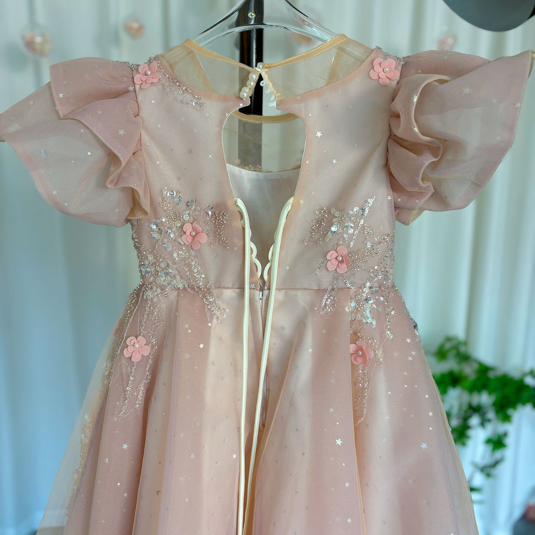 DreamyVow Luxury Pink Dubai Girl Dress 3D Flowers Pearls Arabic Princess Kids Wedding Birthday Party Long Ball Gown 2024 J384