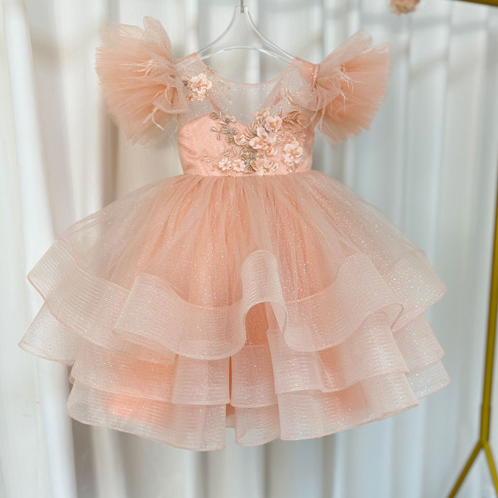 DreamyVow Luxury Pink Baby Flower Girl Dress Feathers Princess Kids Ball Gown for Birthday Wedding Party Holy Communion J144