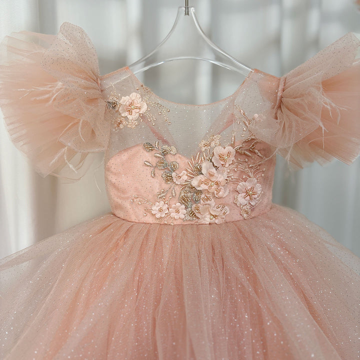 DreamyVow Luxury Pink Baby Flower Girl Dress Feathers Princess Kids Ball Gown for Birthday Wedding Party Holy Communion J144