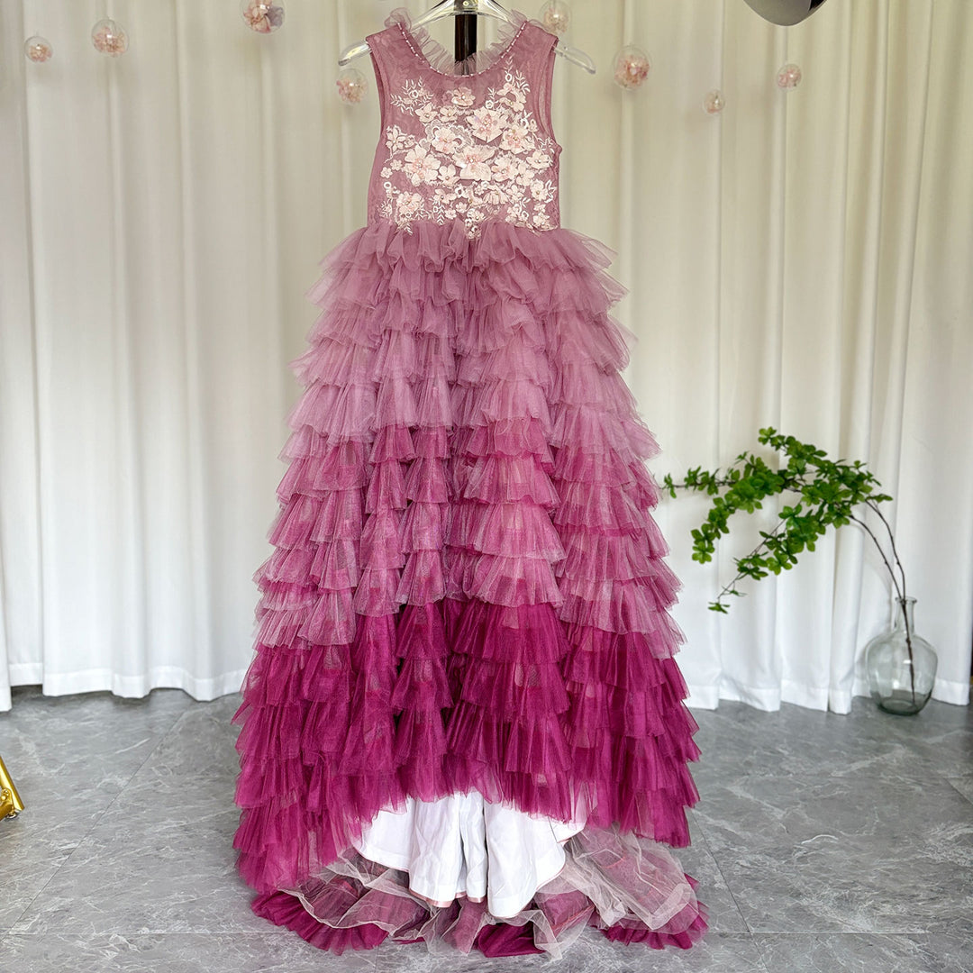 DreamyVow Luxury Fuchsia Flower Girl Dress Tiered Applique Princess A-Line Gown for Kids Birthday Wedding Party Pageant J017