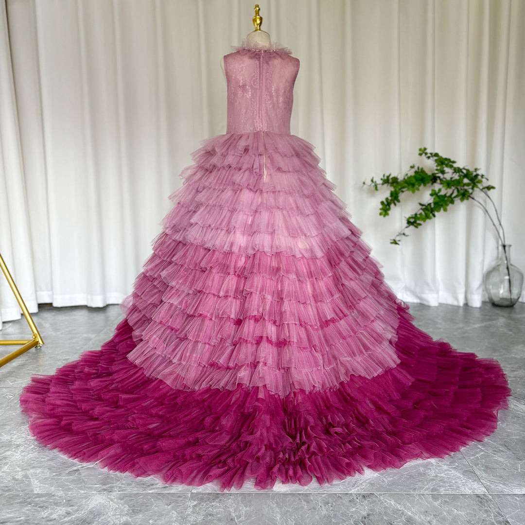 DreamyVow Luxury Fuchsia Flower Girl Dress Tiered Applique Princess A-Line Gown for Kids Birthday Wedding Party Pageant J017