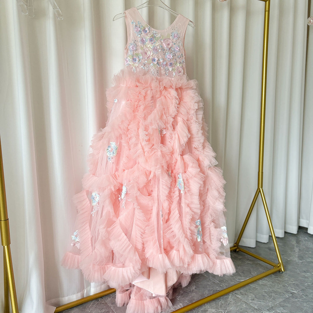 DreamyVow Pink Luxury Dubai Kids Girl Dress Arabic Appliques Tiered Princess Ball Gown for Wedding Party Birthday Pageant J010