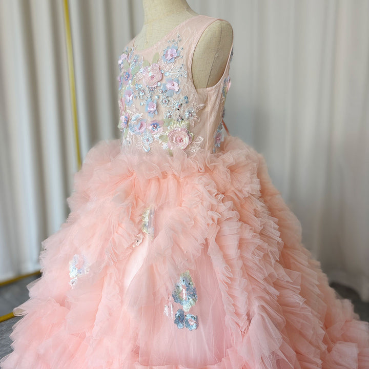 DreamyVow Pink Luxury Dubai Kids Girl Dress Arabic Appliques Tiered Princess Ball Gown for Wedding Party Birthday Pageant J010