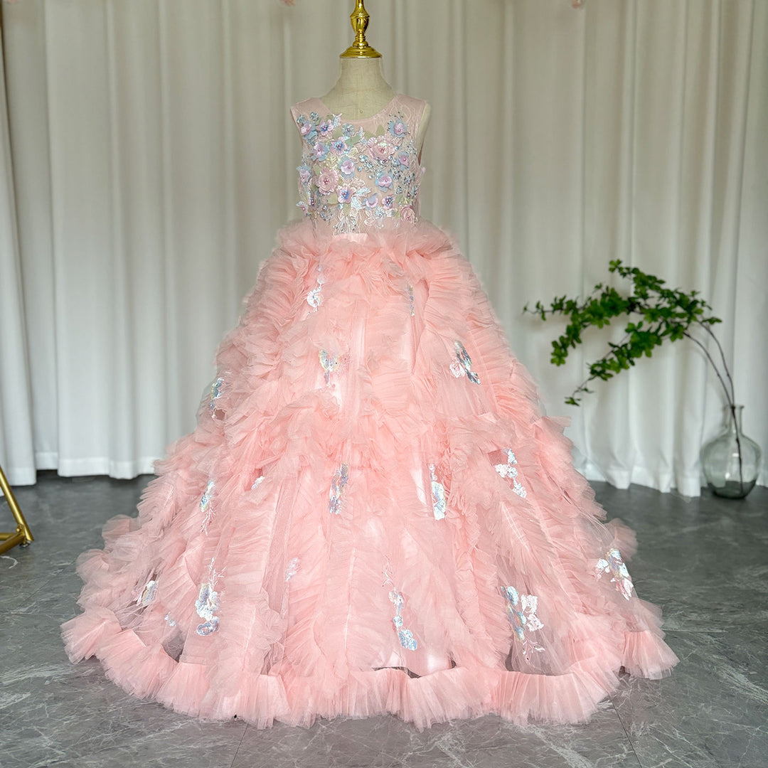 DreamyVow Pink Luxury Dubai Kids Girl Dress Arabic Appliques Tiered Princess Ball Gown for Wedding Party Birthday Pageant J010