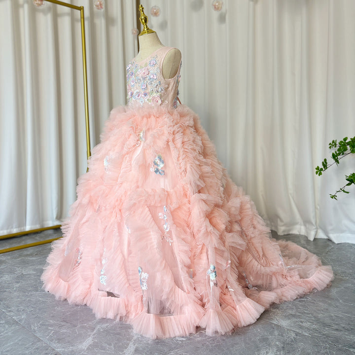 DreamyVow Pink Luxury Dubai Kids Girl Dress Arabic Appliques Tiered Princess Ball Gown for Wedding Party Birthday Pageant J010