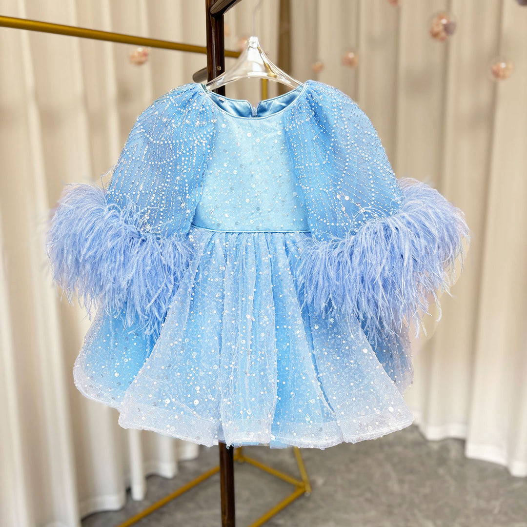 DreamyVow Luxury Blue Girl Dress Feathers Cap Sleeve Kid Princess Wedding Birthday Holiday Party Gown J170