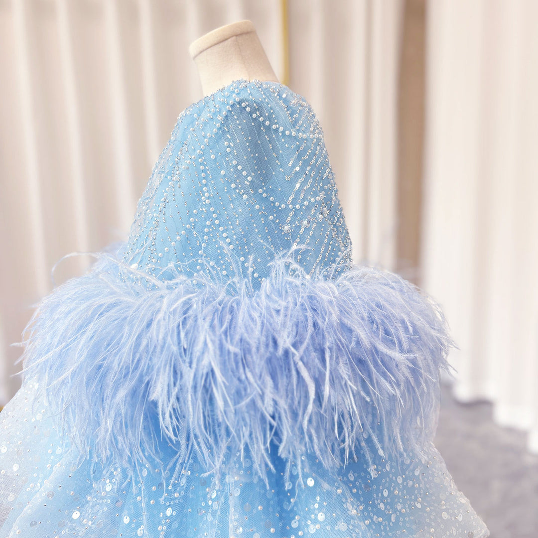 DreamyVow Luxury Blue Girl Dress Feathers Cap Sleeve Kid Princess Wedding Birthday Holiday Party Gown J170-DreamyVow