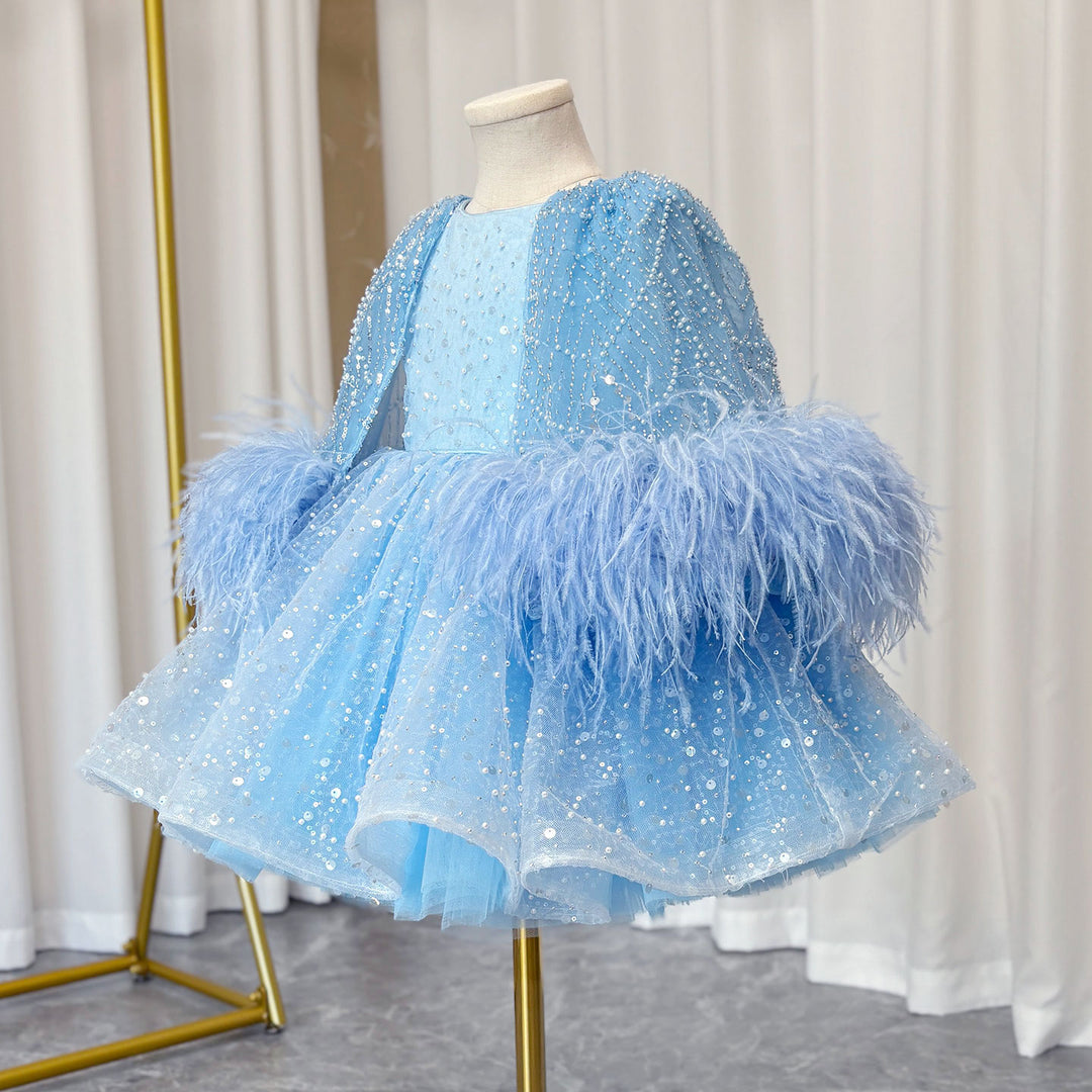 DreamyVow Luxury Blue Girl Dress Feathers Cap Sleeve Kid Princess Wedding Birthday Holiday Party Gown J170