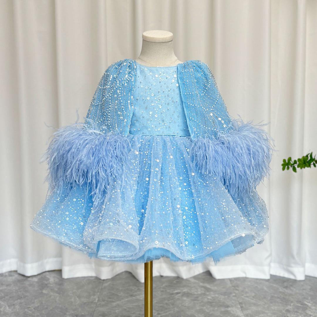 DreamyVow Luxury Blue Girl Dress Feathers Cap Sleeve Kid Princess Wedding Birthday Holiday Party Gown J170