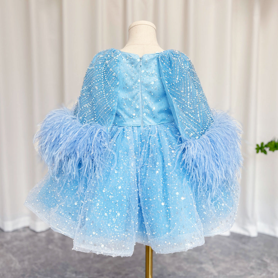 DreamyVow Luxury Blue Girl Dress Feathers Cap Sleeve Kid Princess Wedding Birthday Holiday Party Gown J170-DreamyVow