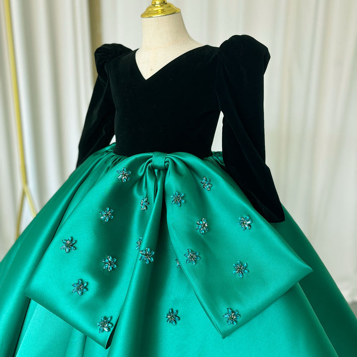 DreamyVow Luxury Arabic Green Girl Dress Crystal V-Neck Dubai Kids Princess Holiday Birthday Wedding Party Ball Gown 2024 J367