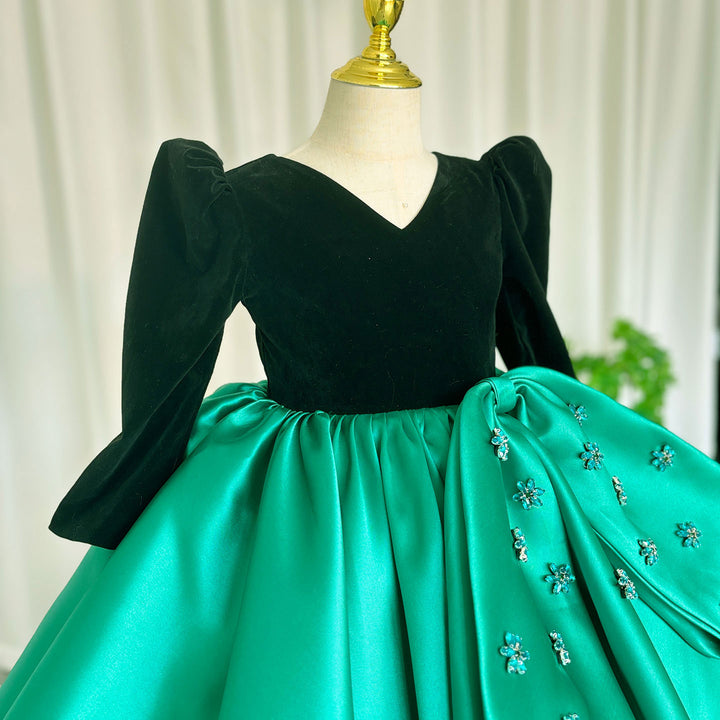 DreamyVow Luxury Arabic Green Girl Dress Crystal V-Neck Dubai Kids Princess Holiday Birthday Wedding Party Ball Gown 2024 J367