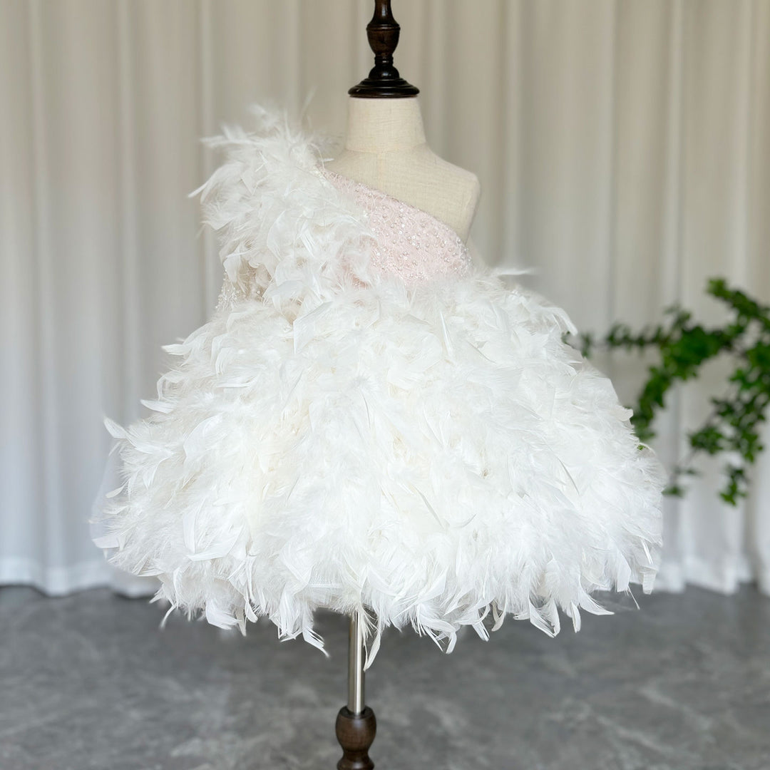 Dreamy Luxury Arabic White Girl Dress Feathers for Kids Princess Birthday Wedding Party J394