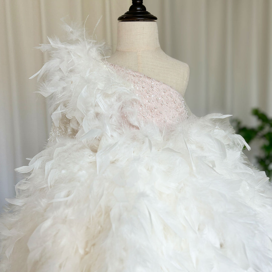 Dreamy Luxury Arabic White Girl Dress Feathers for Kids Princess Birthday Wedding Party J394