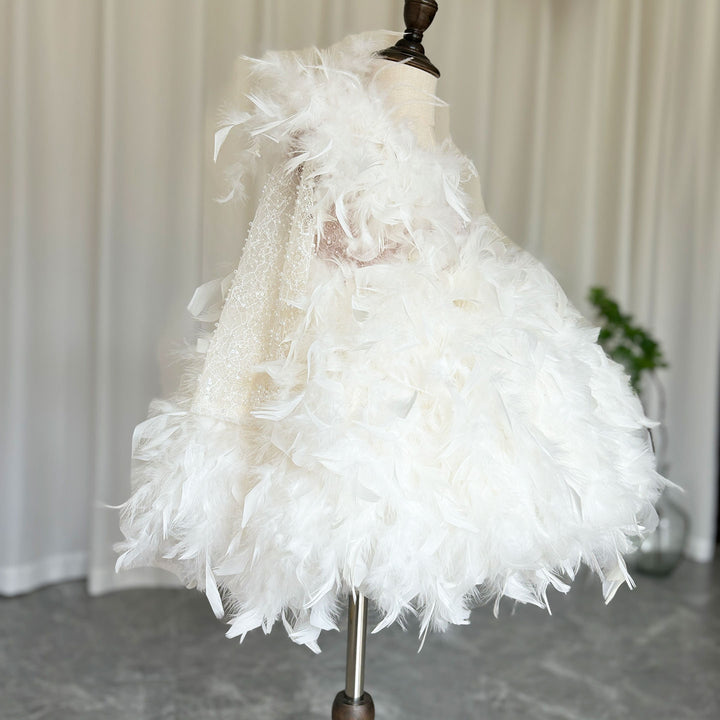 Dreamy Luxury Arabic White Girl Dress Feathers for Kids Princess Birthday Wedding Party J394