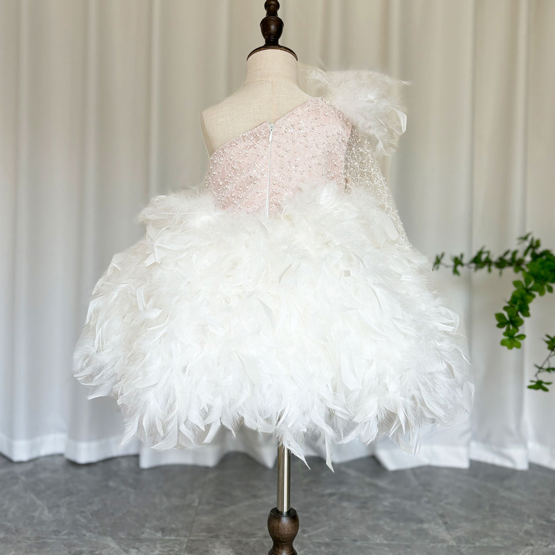 Dreamy Luxury Arabic White Girl Dress Feathers for Kids Princess Birthday Wedding Party J394