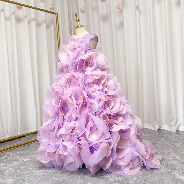 DreamyVow Luxury Arabic Lilac Girl Dressndmade 3D Flowers Dubai Kids Princess Birthday Wedding Party Ball Gown 2024 J201-DreamyVow