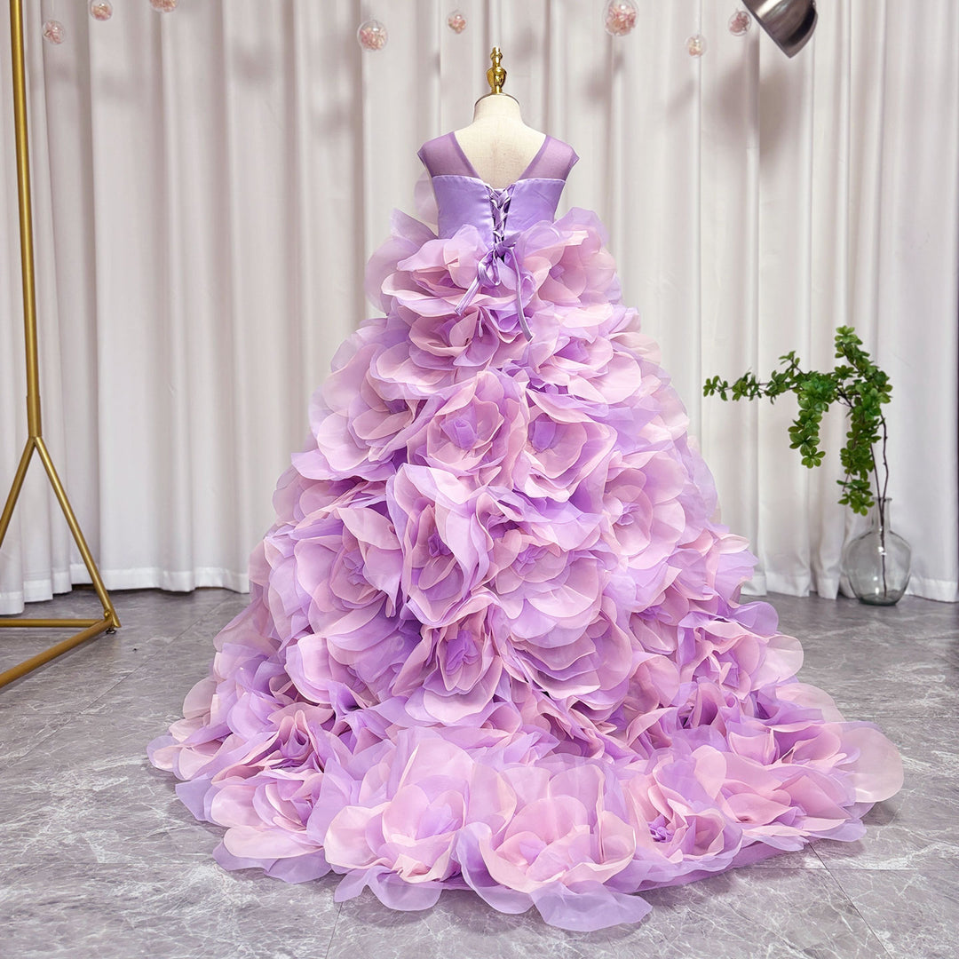 DreamyVow Luxury Arabic Lilac Girl Dressndmade 3D Flowers Dubai Kids Princess Birthday Wedding Party Ball Gown 2024 J201-DreamyVow