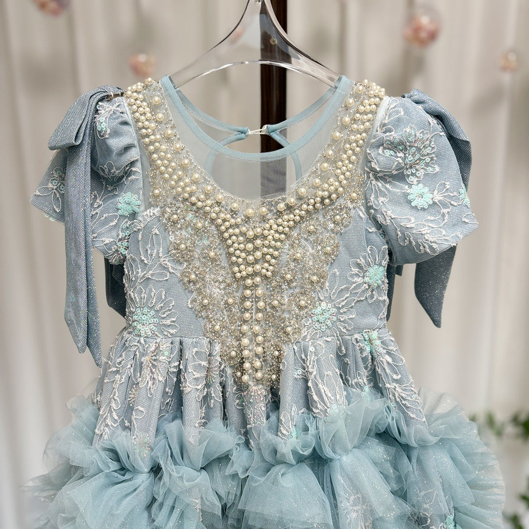 DreamyVow Luxury Arabic Flower Girl Dress Dubai Blue Princess Gown J020