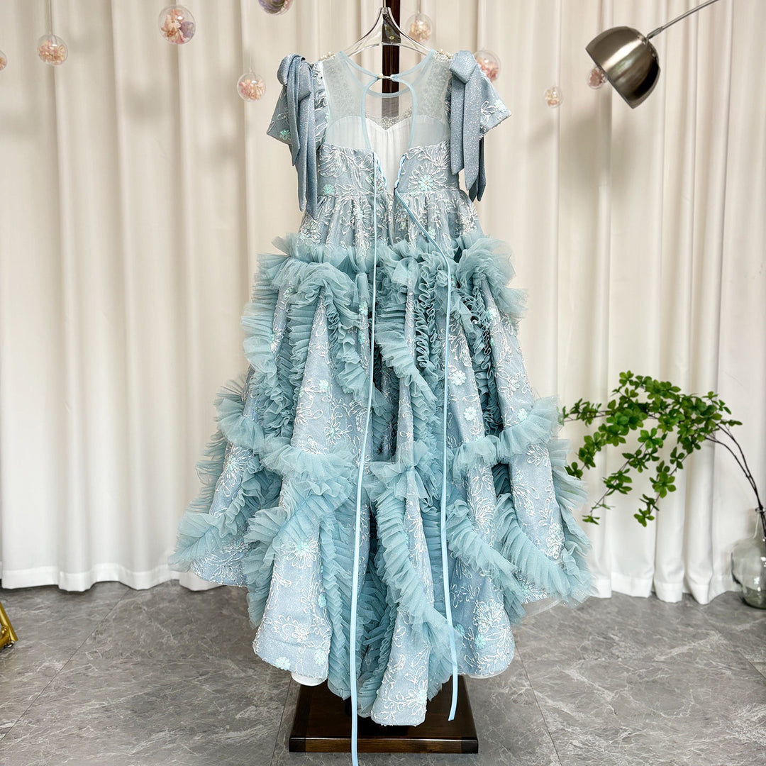 DreamyVow Luxury Arabic Flower Girl Dress Dubai Blue Princess Gown J020