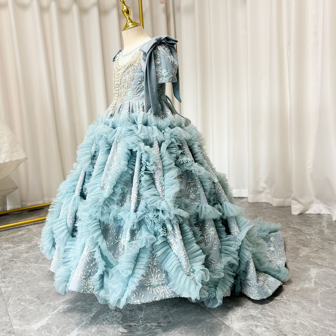 DreamyVow Luxury Arabic Flower Girl Dress Dubai Blue Princess Gown J020