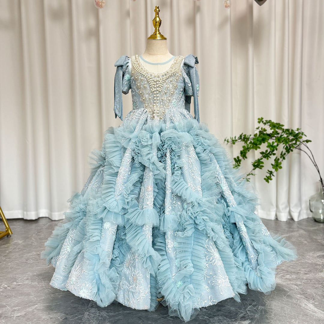 DreamyVow Luxury Arabic Flower Girl Dress Dubai Blue Princess Gown J020