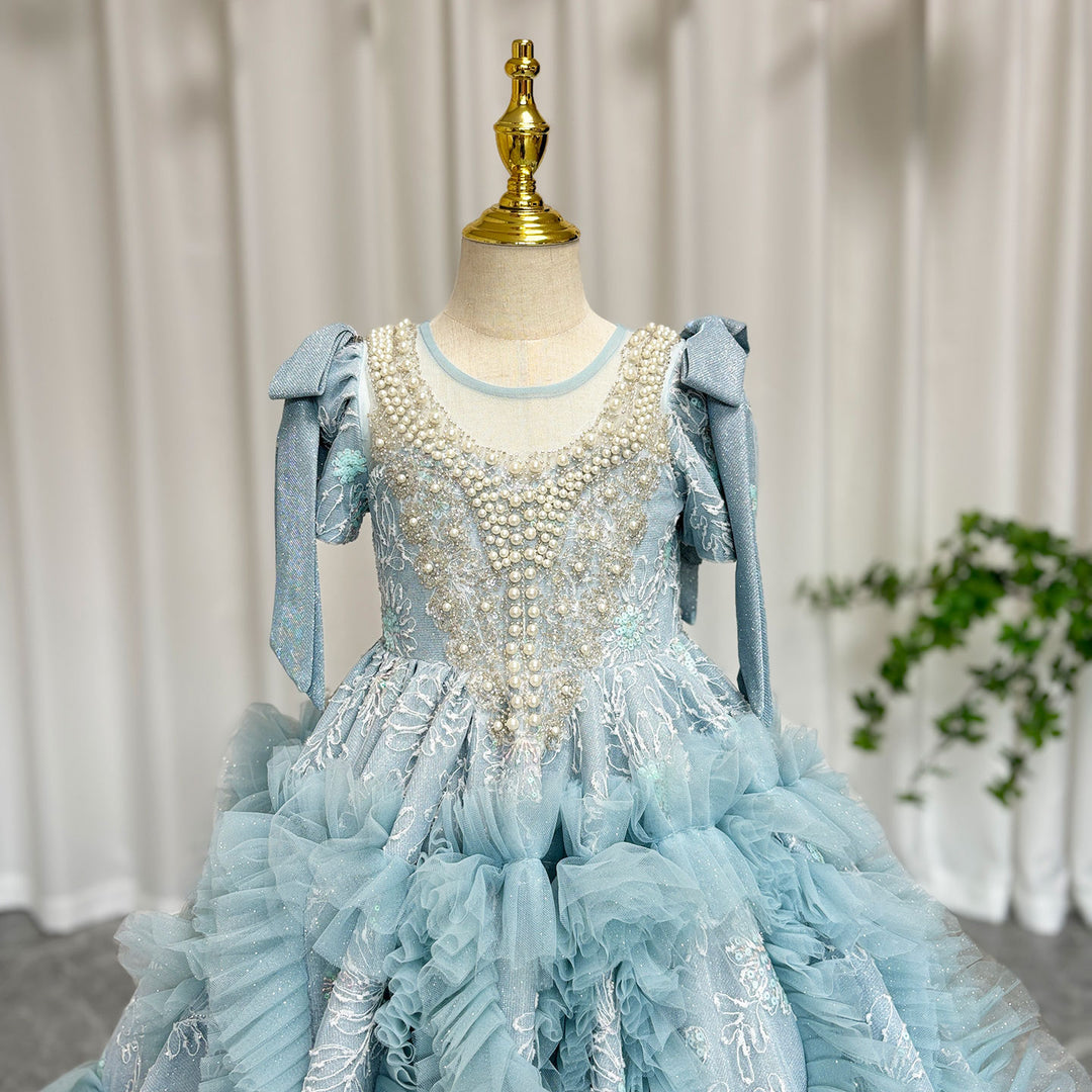 DreamyVow Luxury Arabic Flower Girl Dress Dubai Blue Princess Gown J020