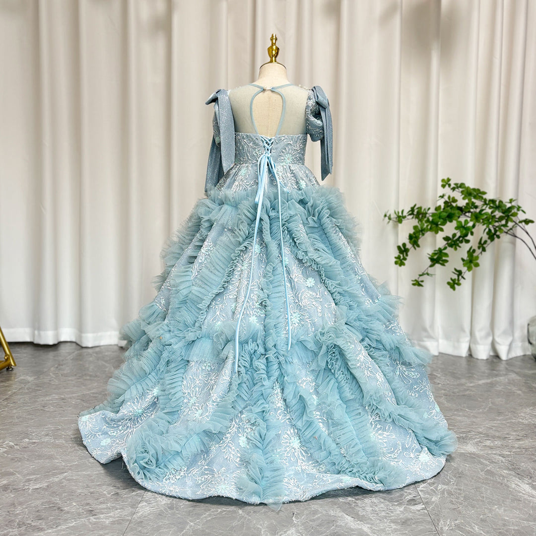 DreamyVow Luxury Arabic Flower Girl Dress Dubai Blue Princess Gown J020