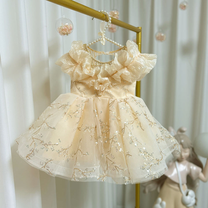 Dreamy Luxury Arab Beige Girl Dress Dubai Kids Princess Birthday Wedding Party J202