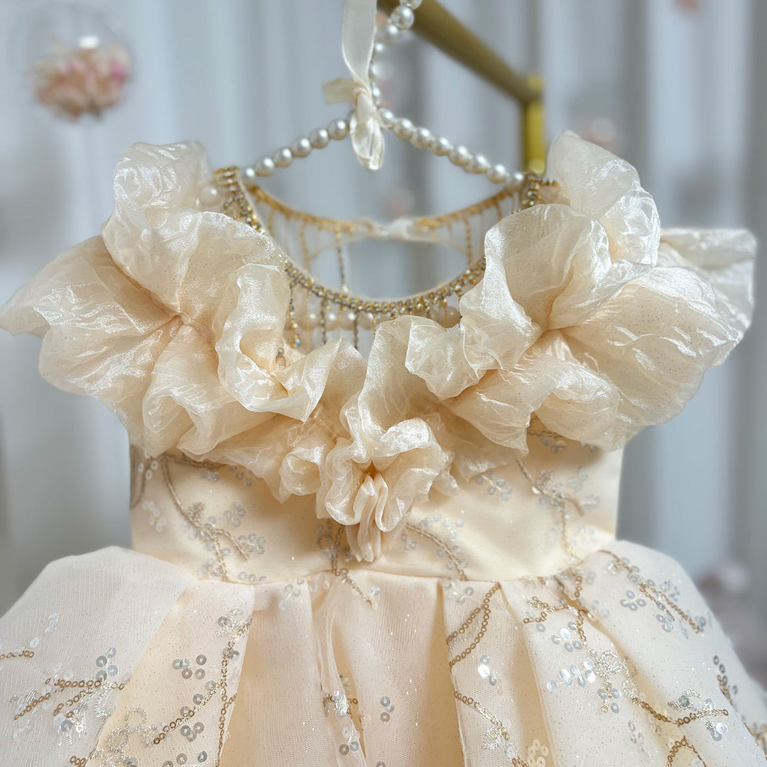 Dreamy Luxury Arab Beige Girl Dress Dubai Kids Princess Birthday Wedding Party J202