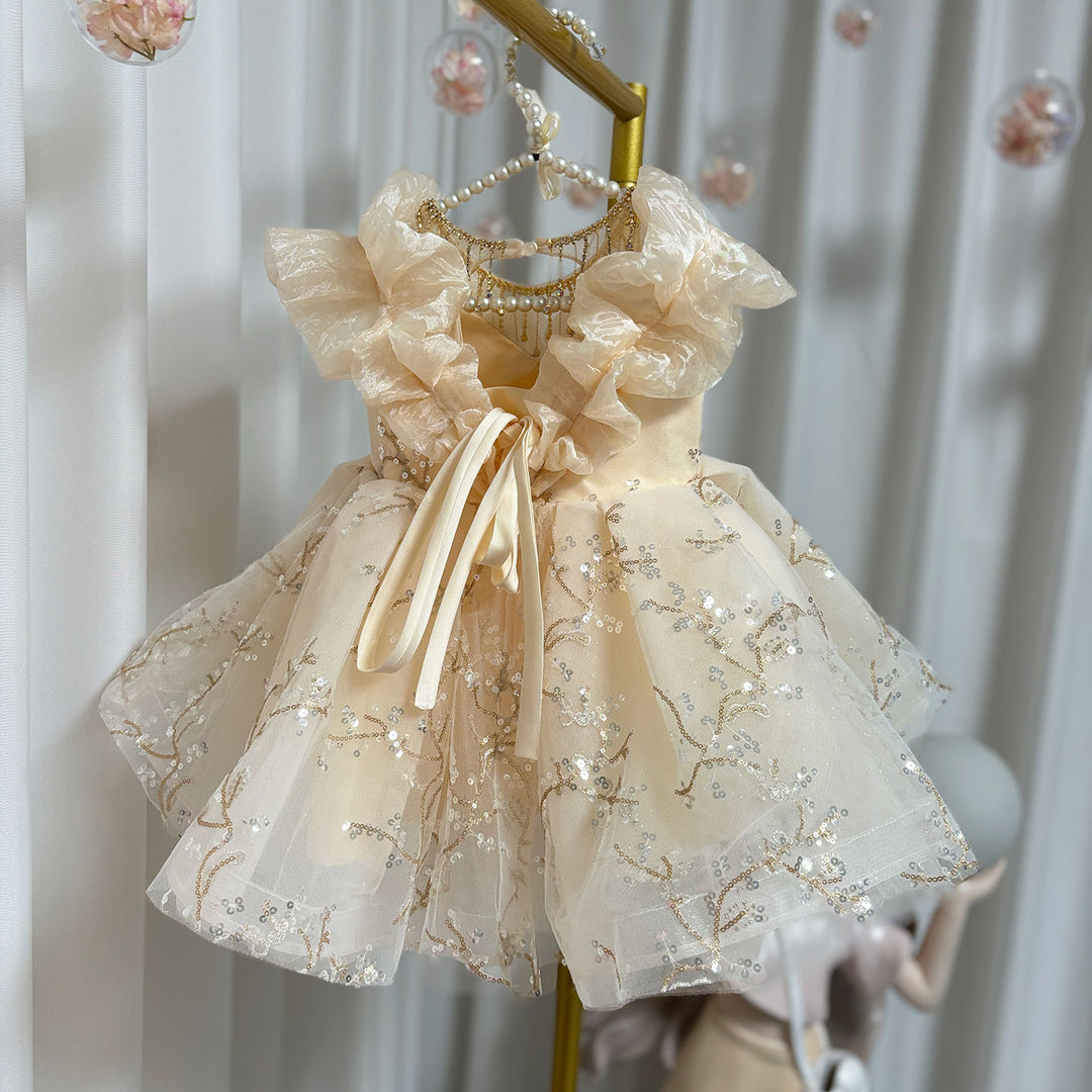 Dreamy Luxury Arab Beige Girl Dress Dubai Kids Princess Birthday Wedding Party J202