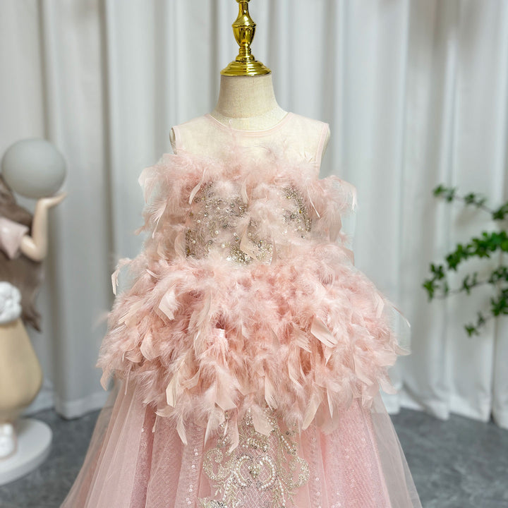 DreamyVow Luxury Shiny Pink Flower Girl Dresses Feather Beading Sequined Gowns J008