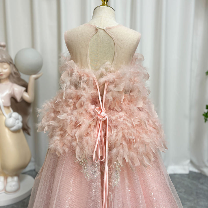 DreamyVow Luxury Shiny Pink Flower Girl Dresses Feather Beading Sequined Gowns J008