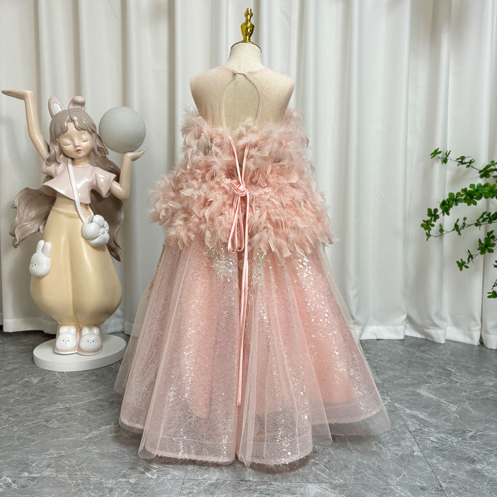 DreamyVow Luxury Shiny Pink Flower Girl Dresses Feather Beading Sequined Gowns J008