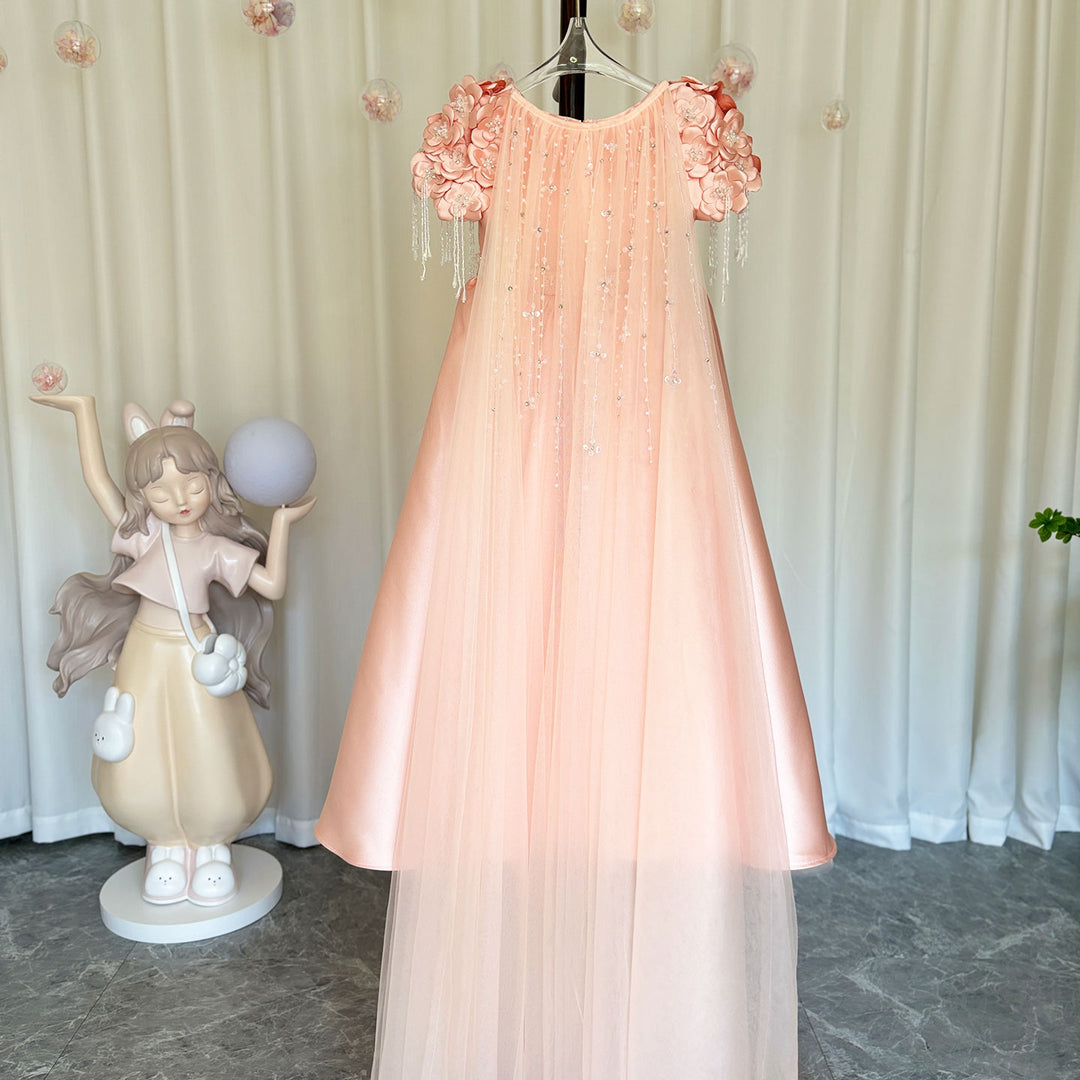 DreamyVow Luxury Dusty Pink Girl Dress Beadeds Arabic with Cap J037