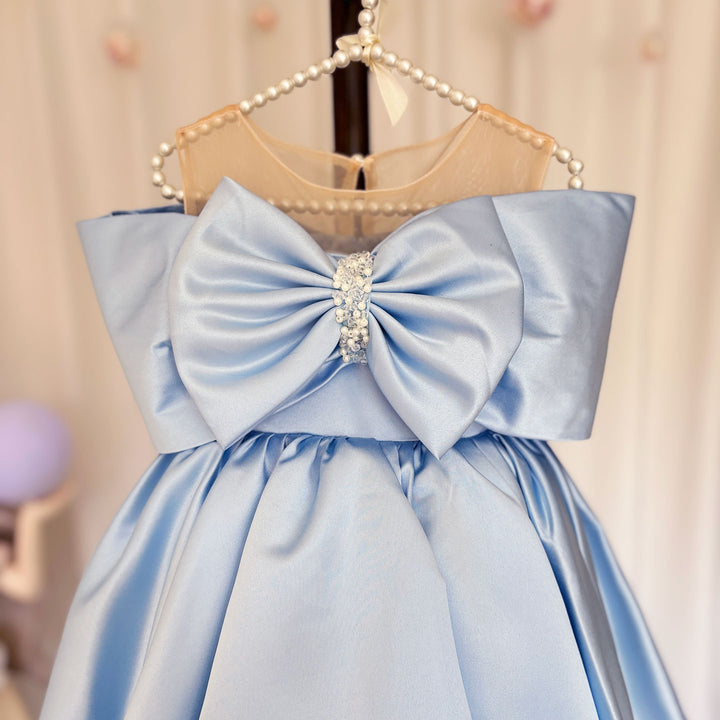 DreamyVow Elegant Satin Beads Flower Girl Dress Blue with Bow Knee Length J181