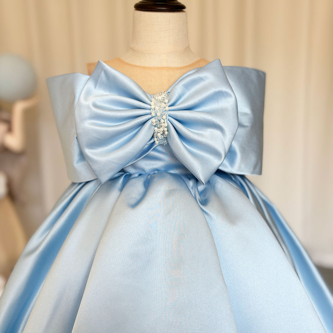 DreamyVow Elegant Satin Beads Flower Girl Dress Blue with Bow Knee Length J181