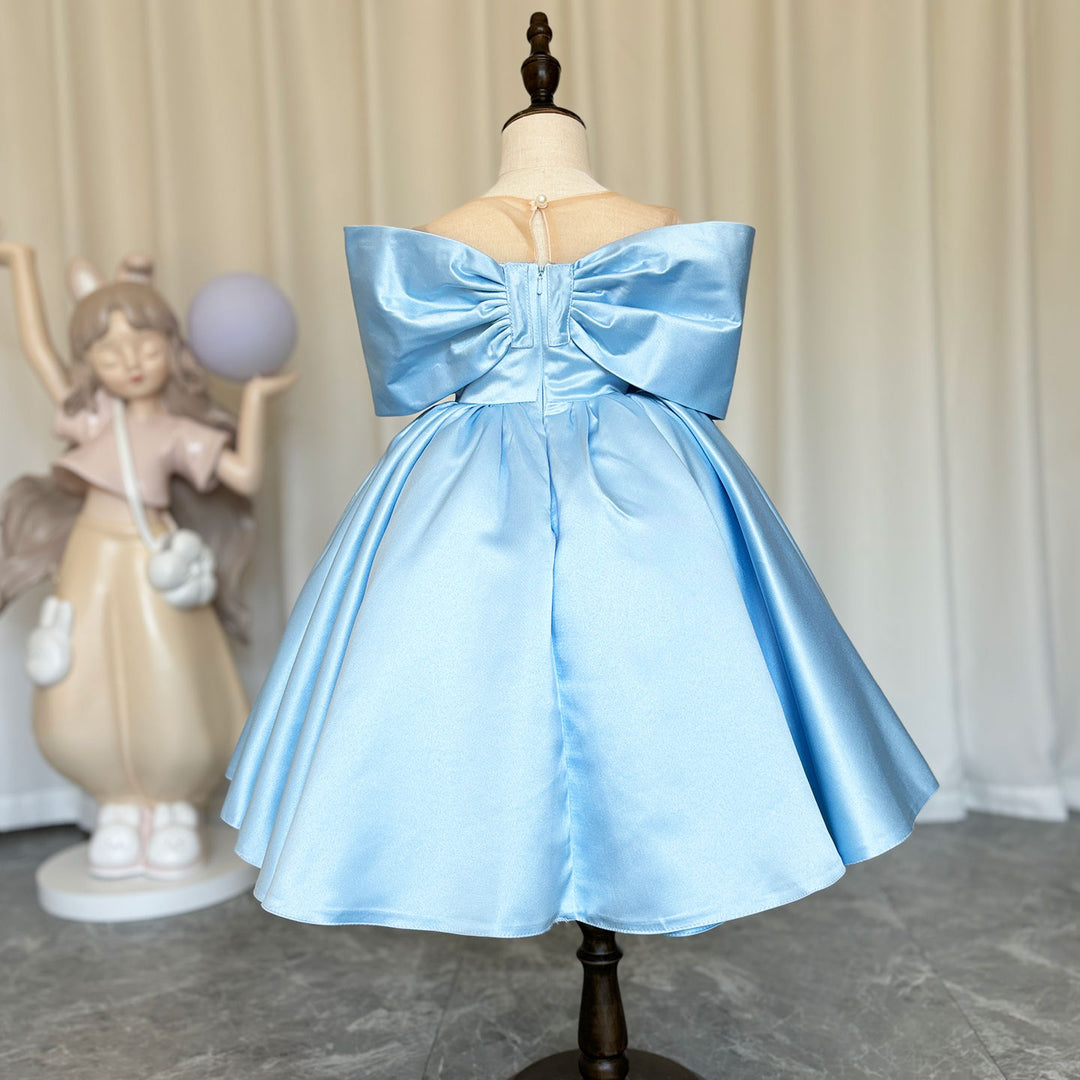 DreamyVow Elegant Satin Beads Flower Girl Dress Blue with Bow Knee Length J181