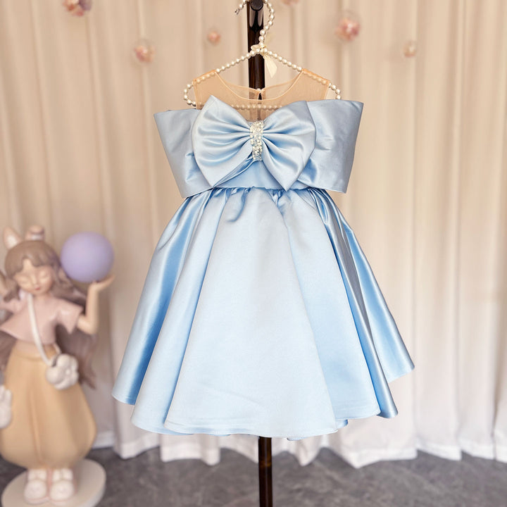 DreamyVow Elegant Satin Beads Flower Girl Dress Blue with Bow Knee Length J181