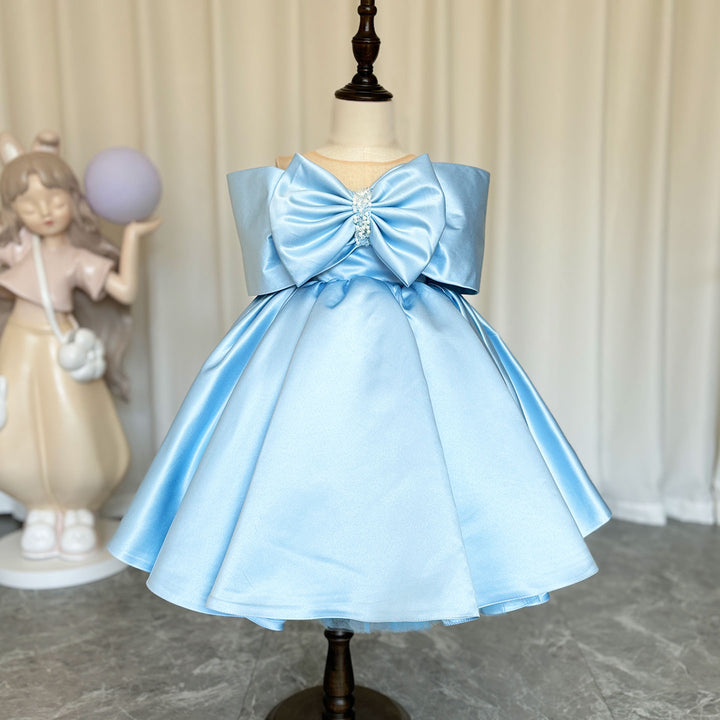 DreamyVow Elegant Satin Beads Flower Girl Dress Blue with Bow Knee Length J181