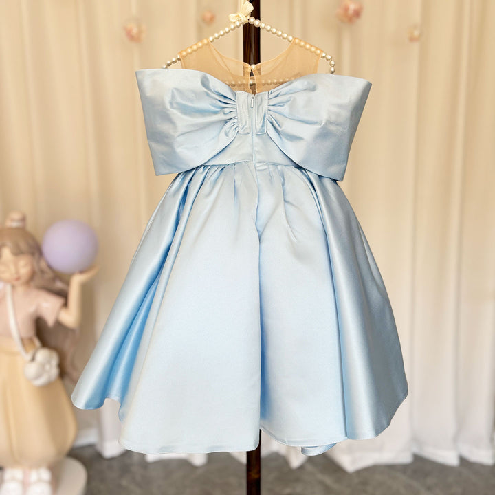 DreamyVow Elegant Satin Beads Flower Girl Dress Blue with Bow Knee Length J181