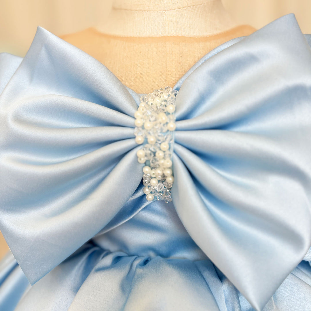 DreamyVow Elegant Satin Beads Flower Girl Dress Blue with Bow Knee Length J181