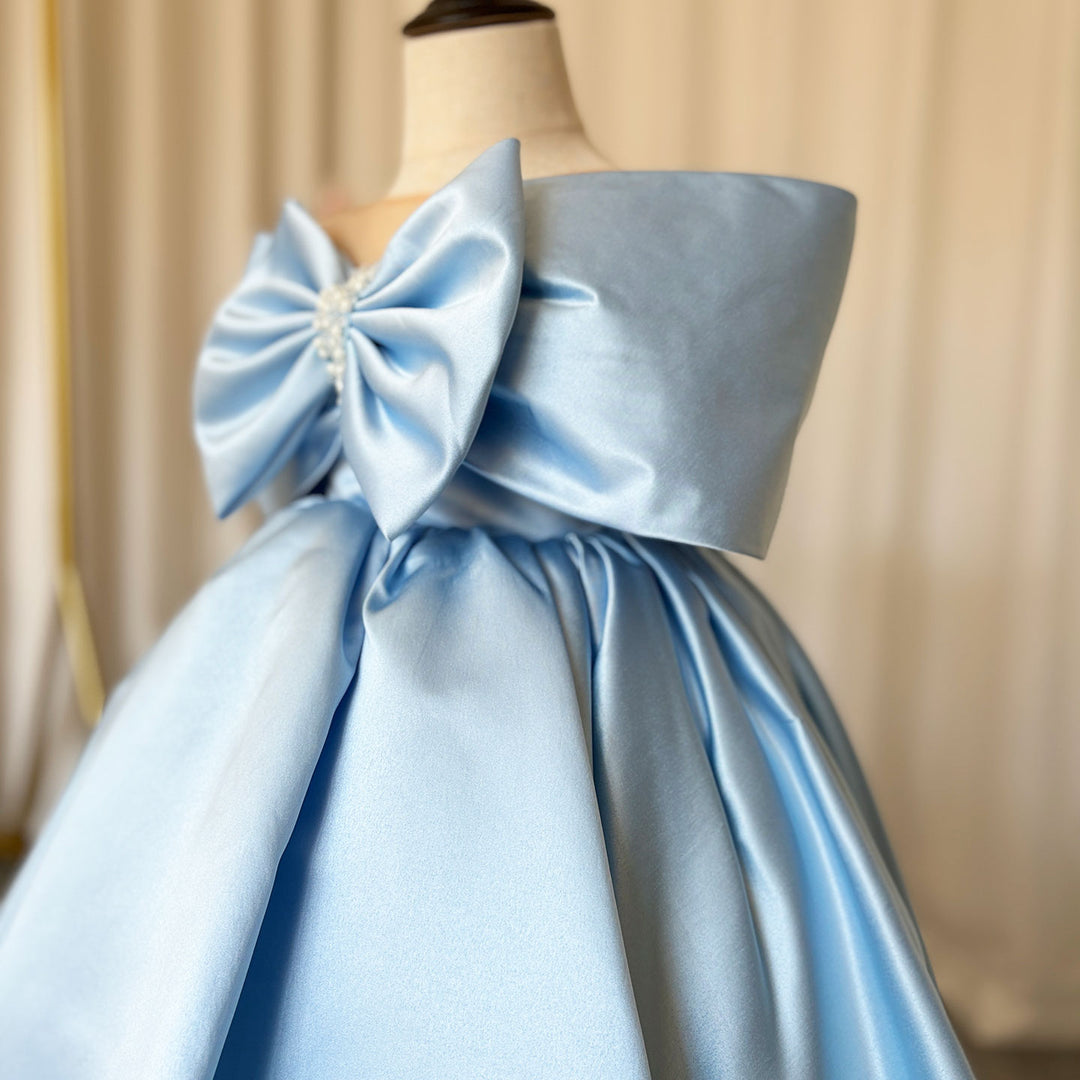 DreamyVow Elegant Satin Beads Flower Girl Dress Blue with Bow Knee Length J181