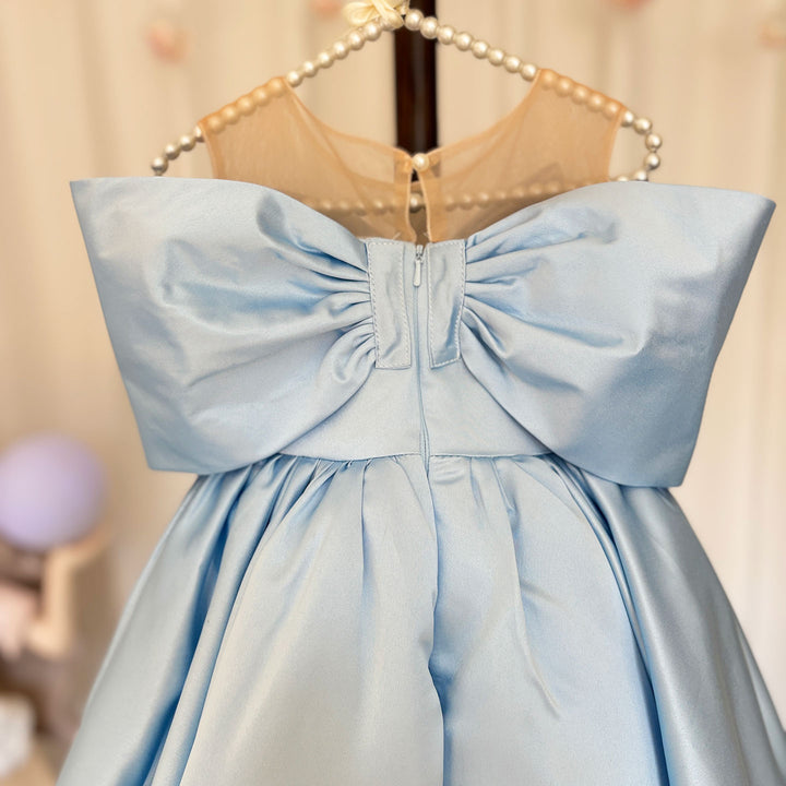 DreamyVow Elegant Satin Beads Flower Girl Dress Blue with Bow Knee Length J181