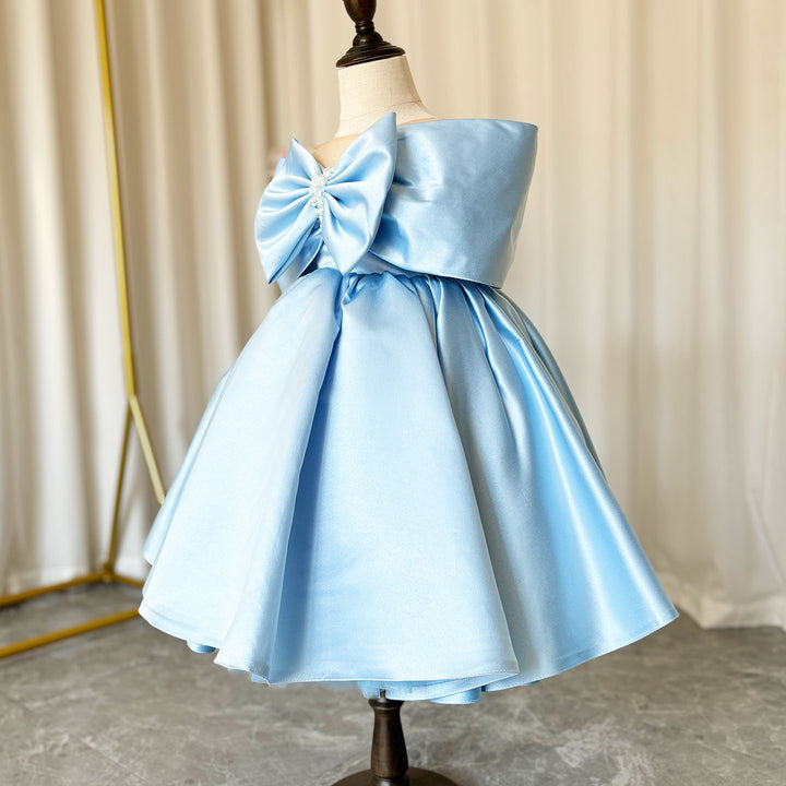 DreamyVow Elegant Satin Beads Flower Girl Dress Blue with Bow Knee Length J181